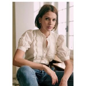 Sézane Chemise Waves blouse Shirt White Ecru Buttons Ruffle 34